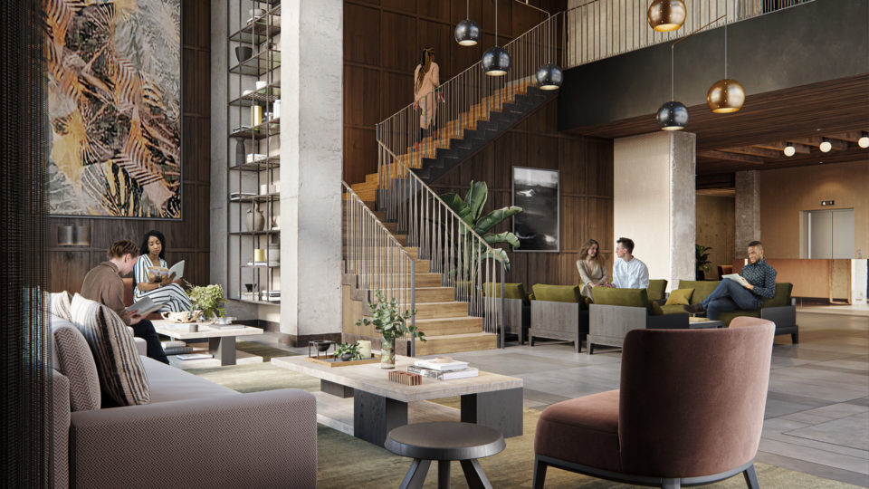 Spacious, modern lobby at The Crosby Hollywood Park apartments